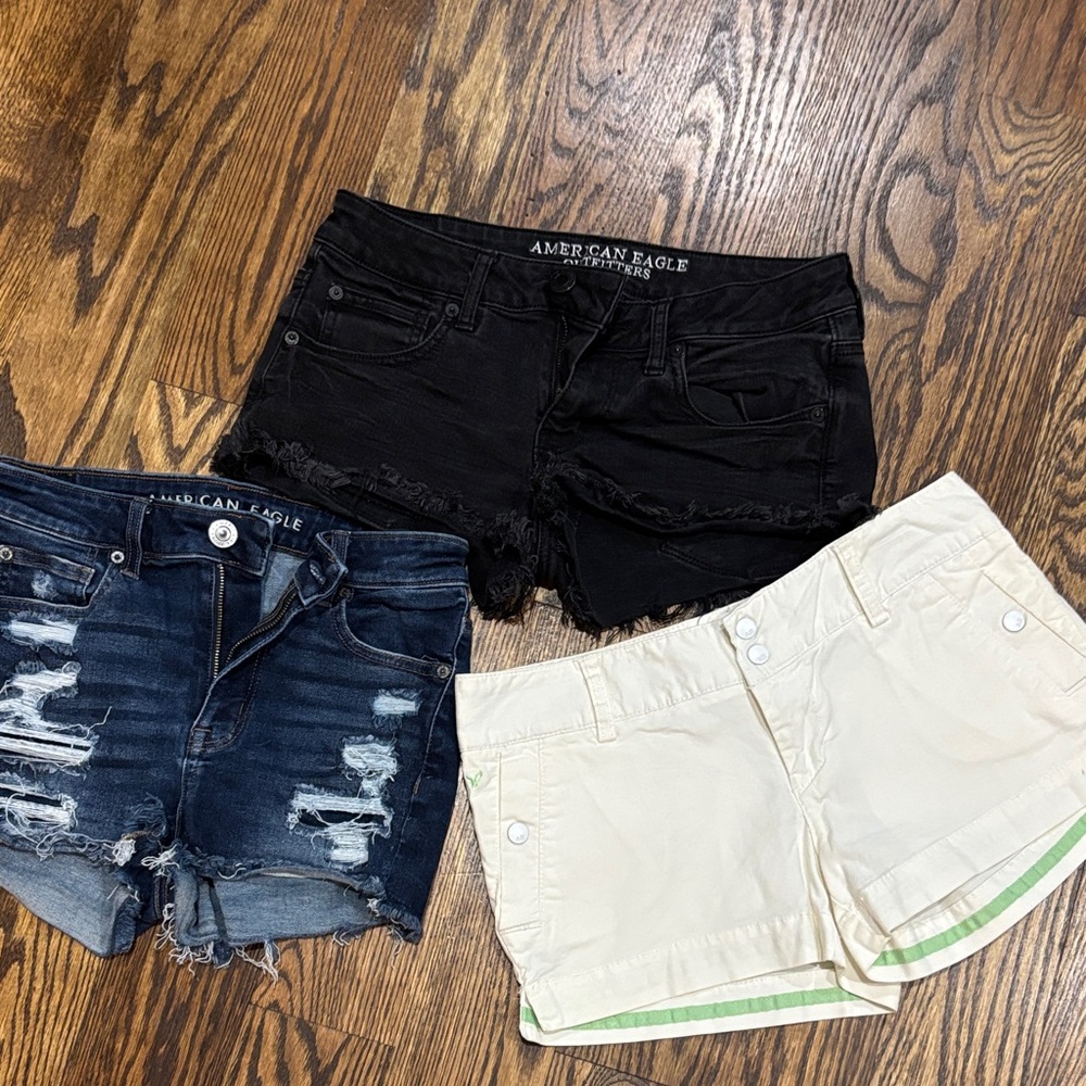 American Eagle Outfitters Black, Blue, and Cream Jean Shorts Trio